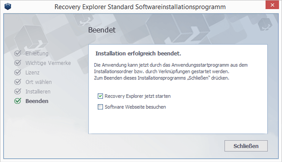 Recovery Explorer Standard Installation abgeschlossen