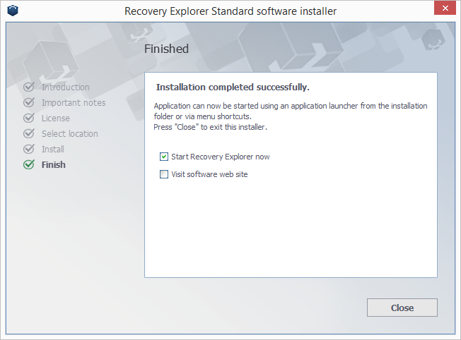 Instalación completada de Recovery Explorer Standard