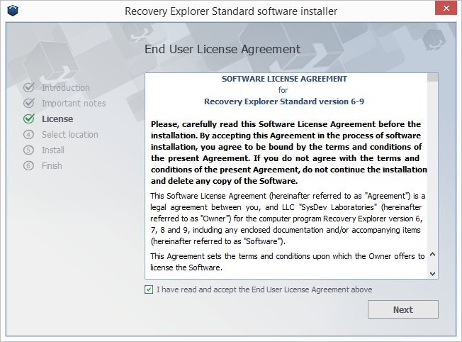 Acuerdo de licencia de Recovery Explorer Standard