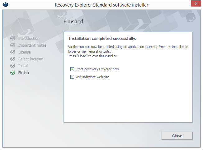 Recovery Explorer Standard installation completed